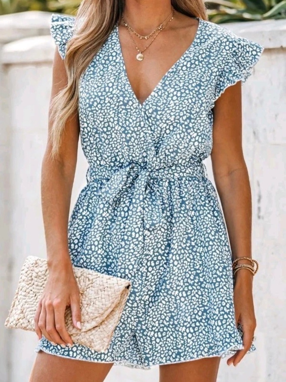 Cupshe Blue Animal Print Wrap Romper NWT Women's Large Ruffle Tie Waist